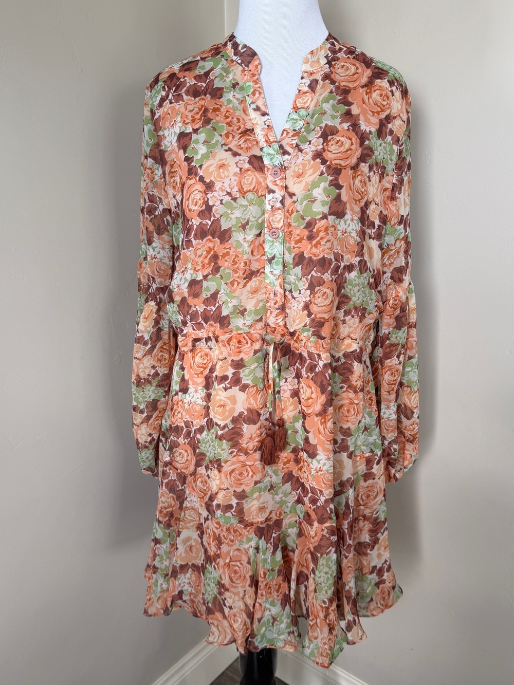 Vici Floral Button-Front Long Sleeve Dress in Peach Green Brown